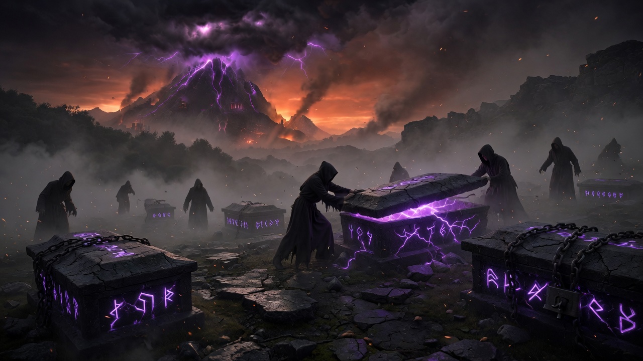 Hooded figures closing rune-lit graves