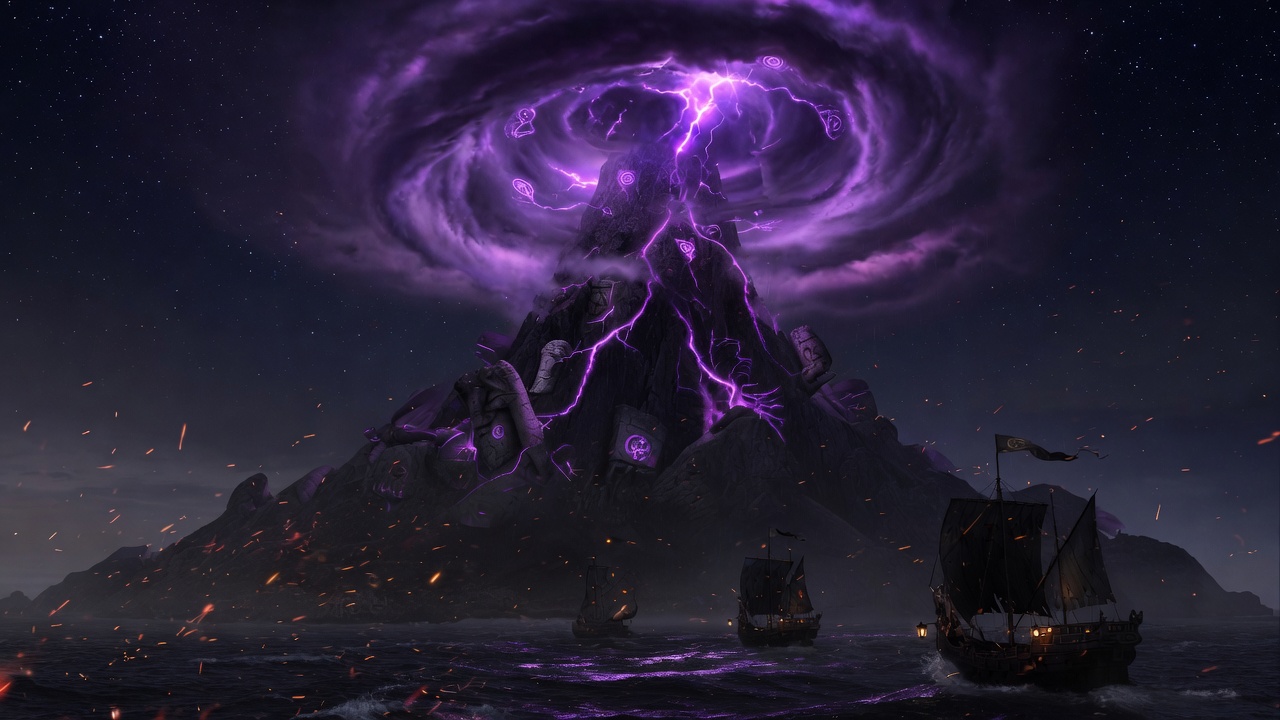 Volcanic peak crowned by a purple storm, ships approaching