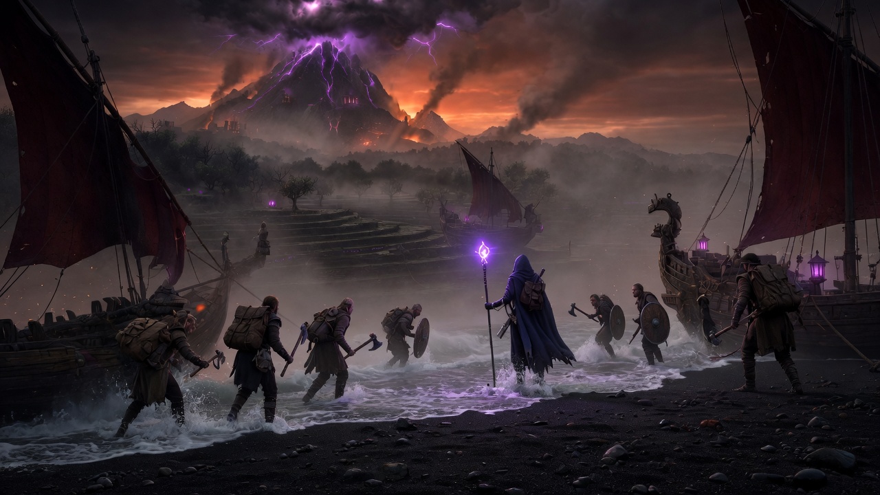 Settlers wading ashore from crimson-sailed longships onto black volcanic sand, the rune-split volcano inland