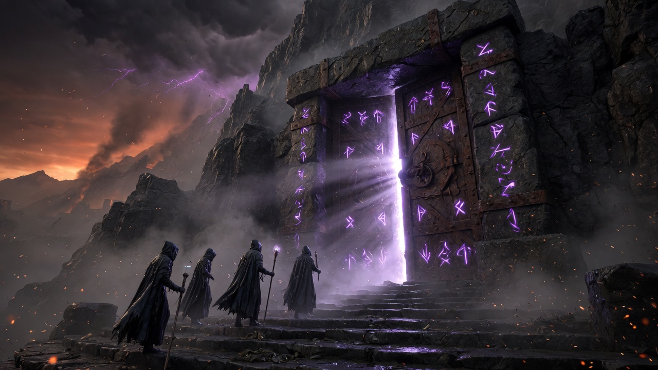 A rune-bound iron door cracked open with violet light