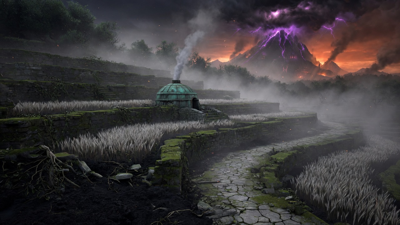 Overgrown stone terraces and a smoking copper kiln