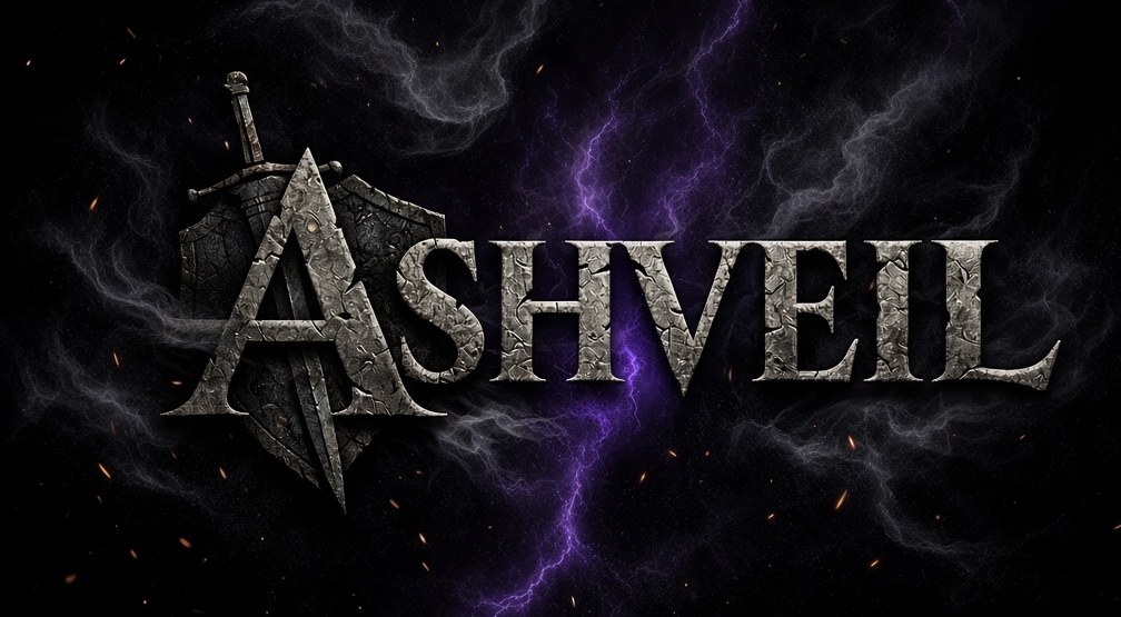 Ashveil — cracked stone wordmark with sword and shield