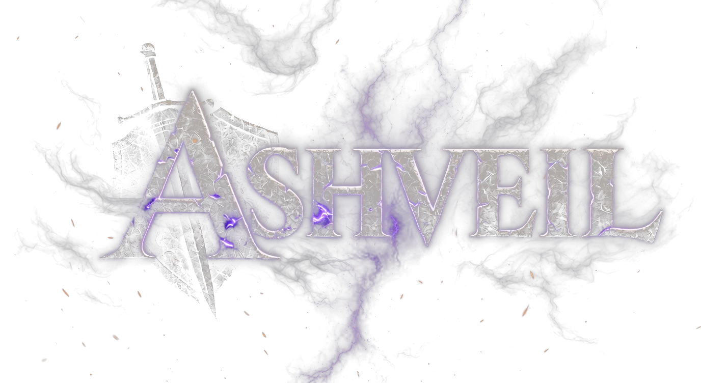 Ashveil — cracked stone wordmark with sword and shield